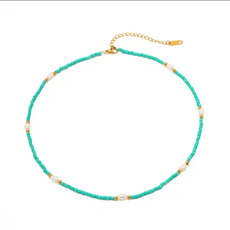 Boho Turquoise Bead & Freshwater Pearl Choker