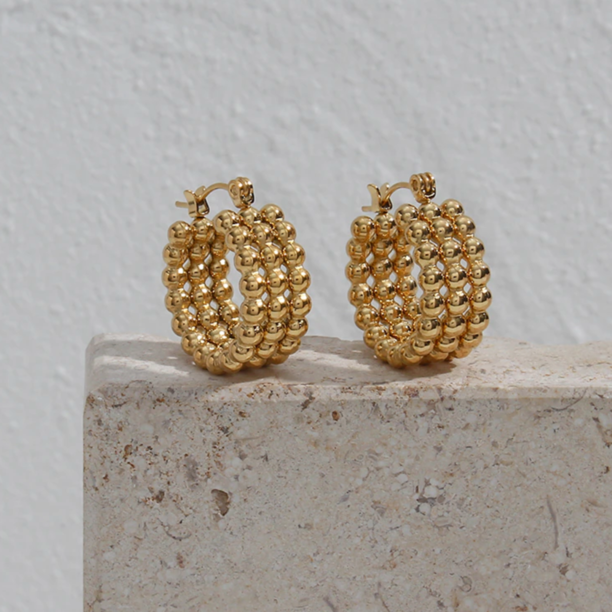 Jazzy Ball Ridged Gold Hoop Earrings