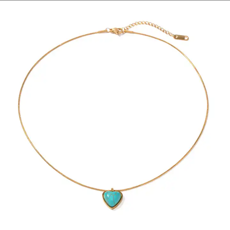 Gold & Turquoise Stone Necklace Heart Shaped Pendant