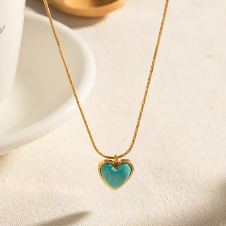 Gold & Turquoise Stone Necklace Heart Shaped Pendant