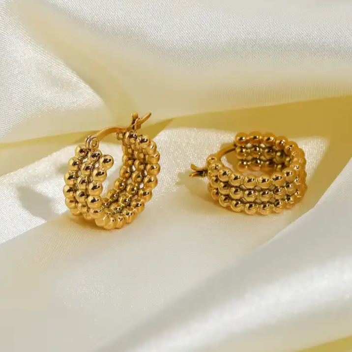 Jazzy Ball Ridged Gold Hoop Earrings